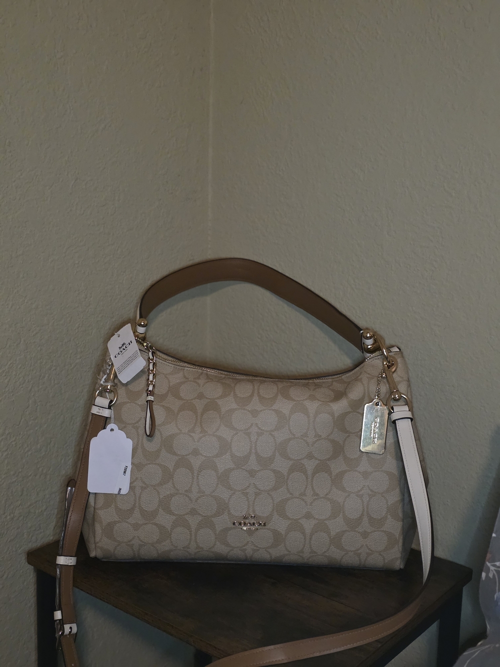 Coach Signature Hobo Shoulder Bag in Light Khaki and Tan